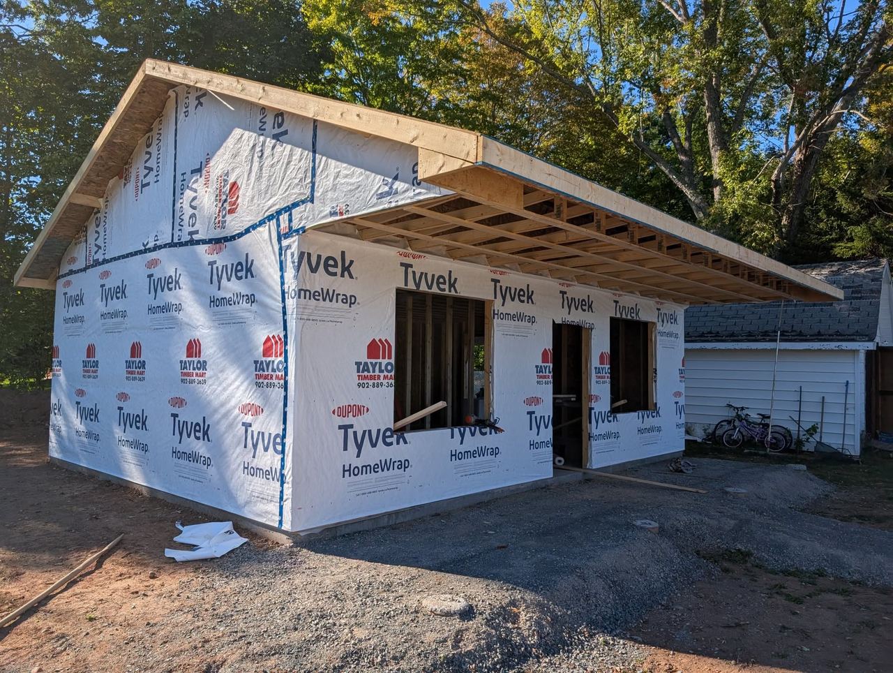 Tall garage with roof trusses set and walls sheathed, ladder against the gable end.